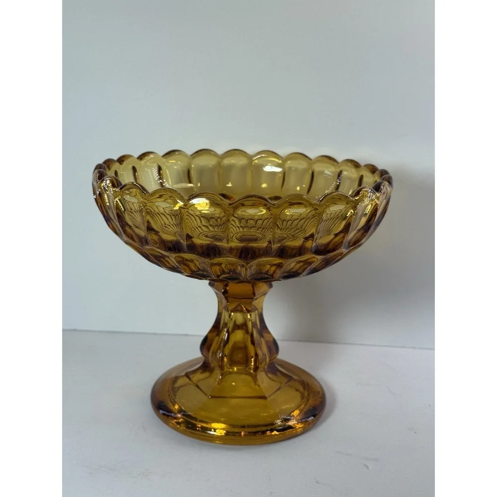 Vintage Amber Glass Thumbprint Pedestal Compote Bowl Scalloped Centerpiece Dish